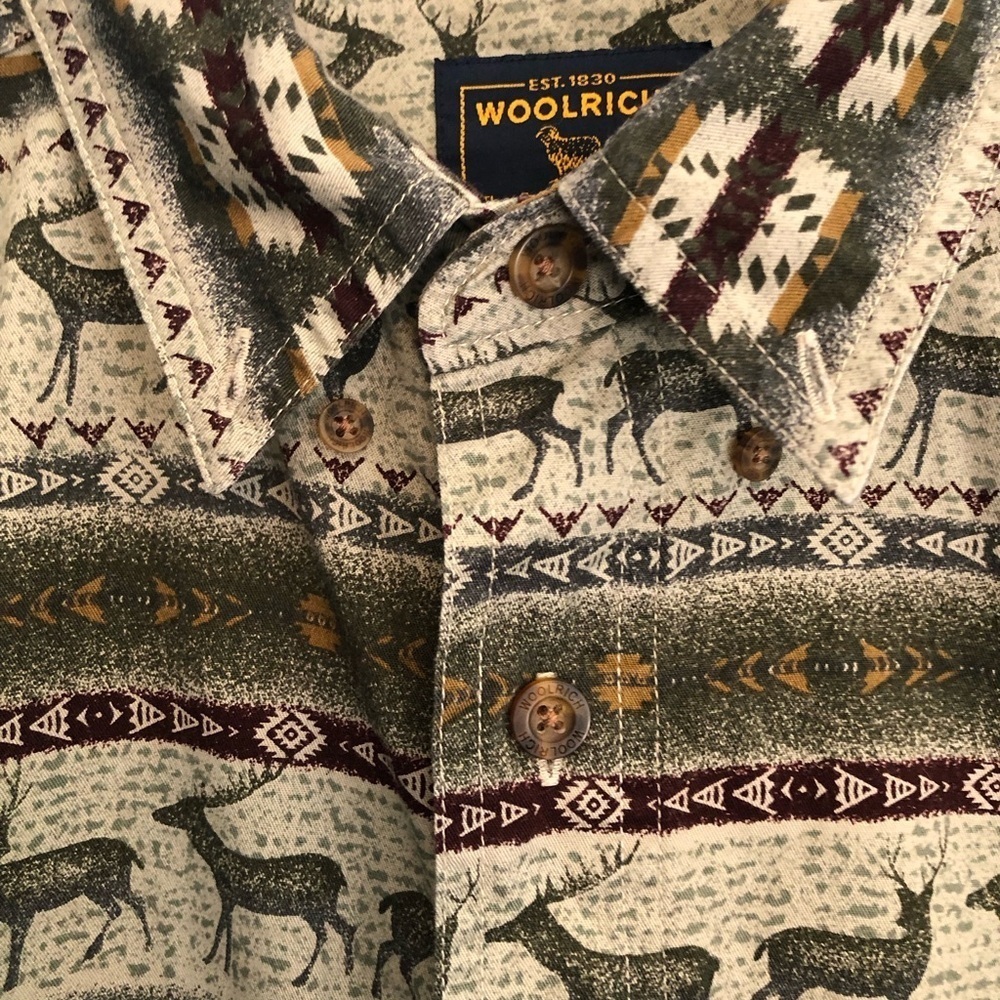 Woolrich Shirt Mens XL Olive Deer Aztec All Over Print Southwest Button Down - Picture 3 of 9